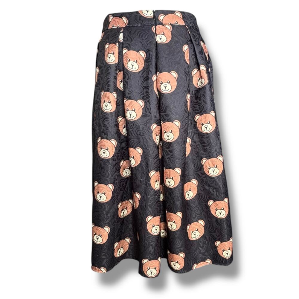 Teddy Bear Print Black Jacquard Pleated FloMidi Skirt Kawaii Harajuku Retro - Picture 7 of 11